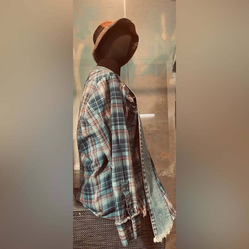 Greg Lauren Plaid Tweed Kimono - Red Blue - L - Long Sleeve Designer Dress Shirt